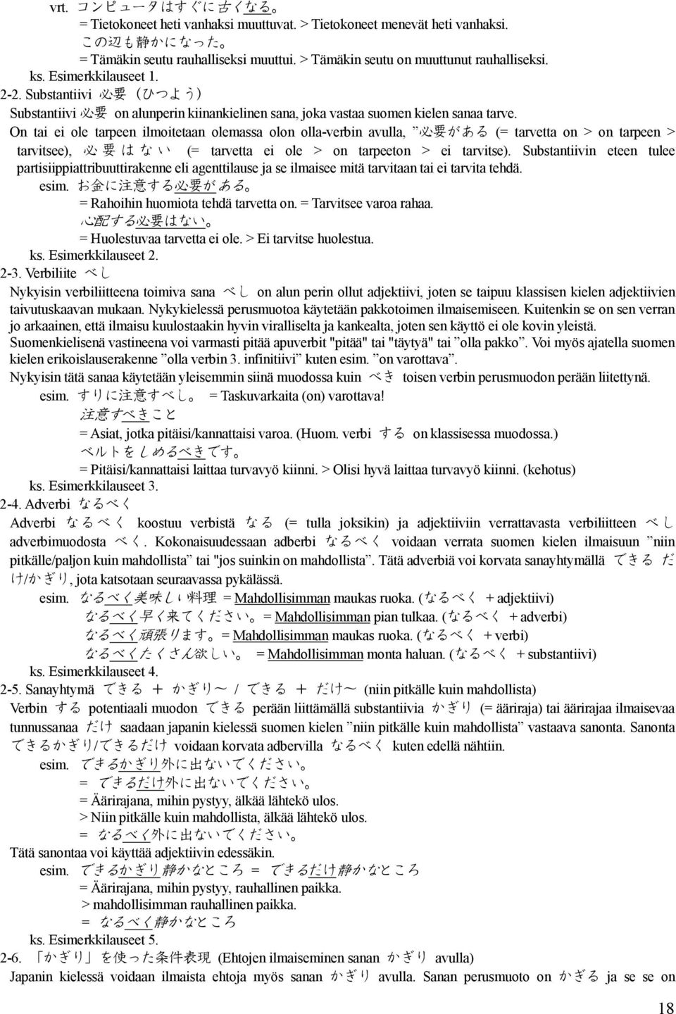 On tai ei ole tarpeen ilmoitetaan olemassa olon olla-verbin avulla, 必 要 がある (= tarvetta on > on tarpeen > tarvitsee), 必 要 は な い (= tarvetta ei ole > on tarpeeton > ei tarvitse).