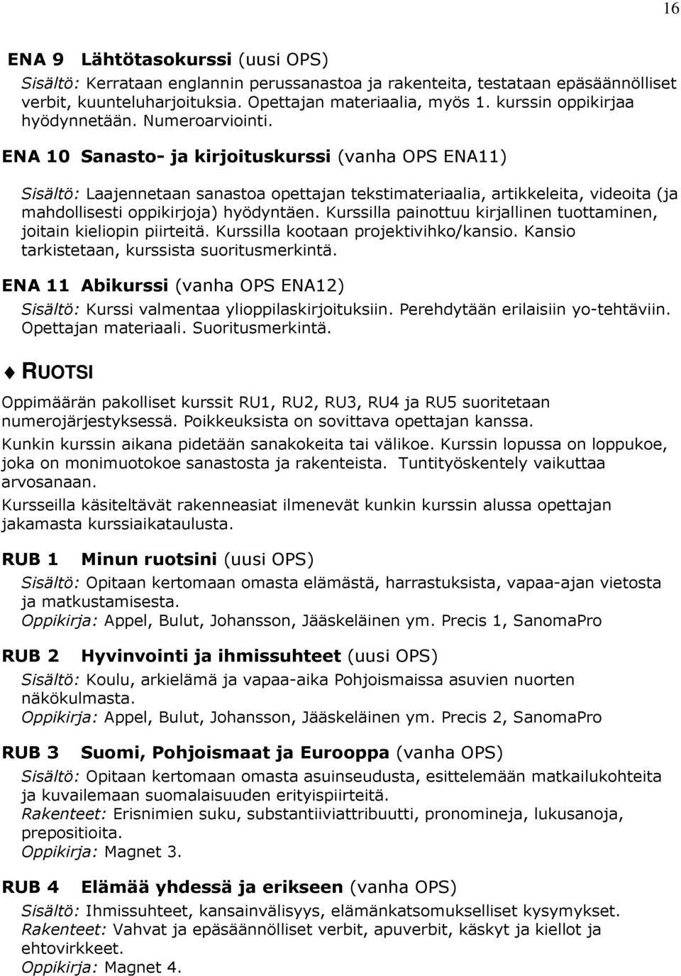 ENA 10 Sanasto- ja kirjoituskurssi (vanha OPS ENA11) Sisältö: Laajennetaan sanastoa opettajan tekstimateriaalia, artikkeleita, videoita (ja mahdollisesti oppikirjoja) hyödyntäen.