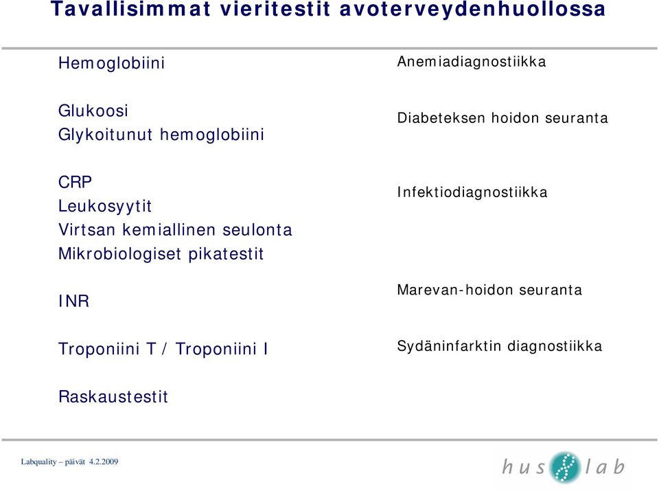 Virtsan kemiallinen seulonta Mikrobiologiset pikatestit INR Infektiodiagnostiikka