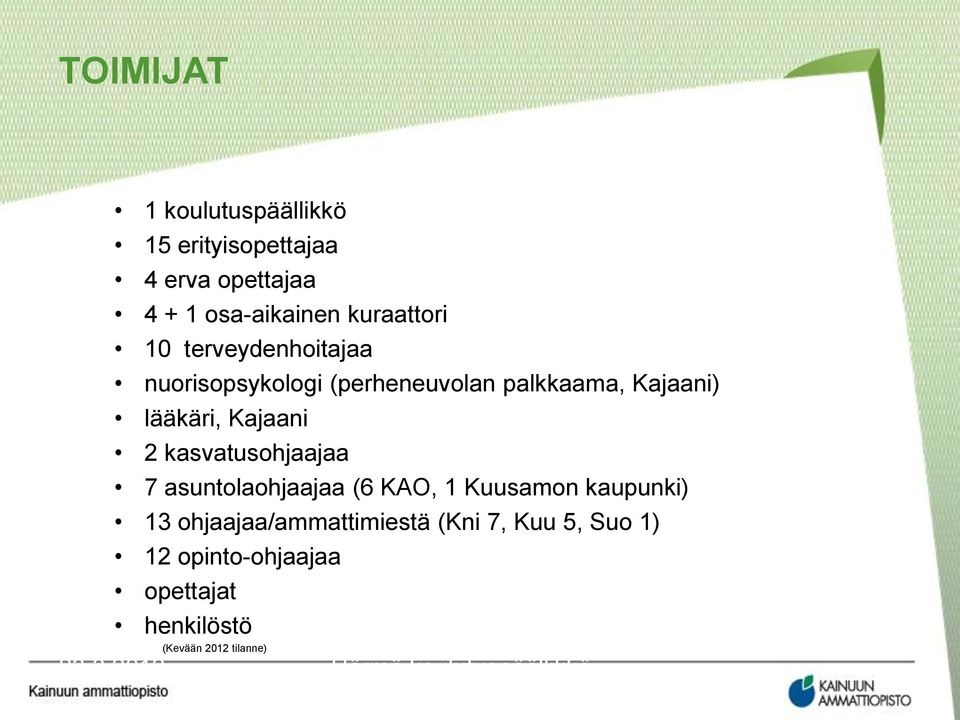 kasvatusohjaajaa 7 asuntolaohjaajaa (6 KAO, 1 Kuusamon kaupunki) 13 ohjaajaa/ammattimiestä (Kni 7,