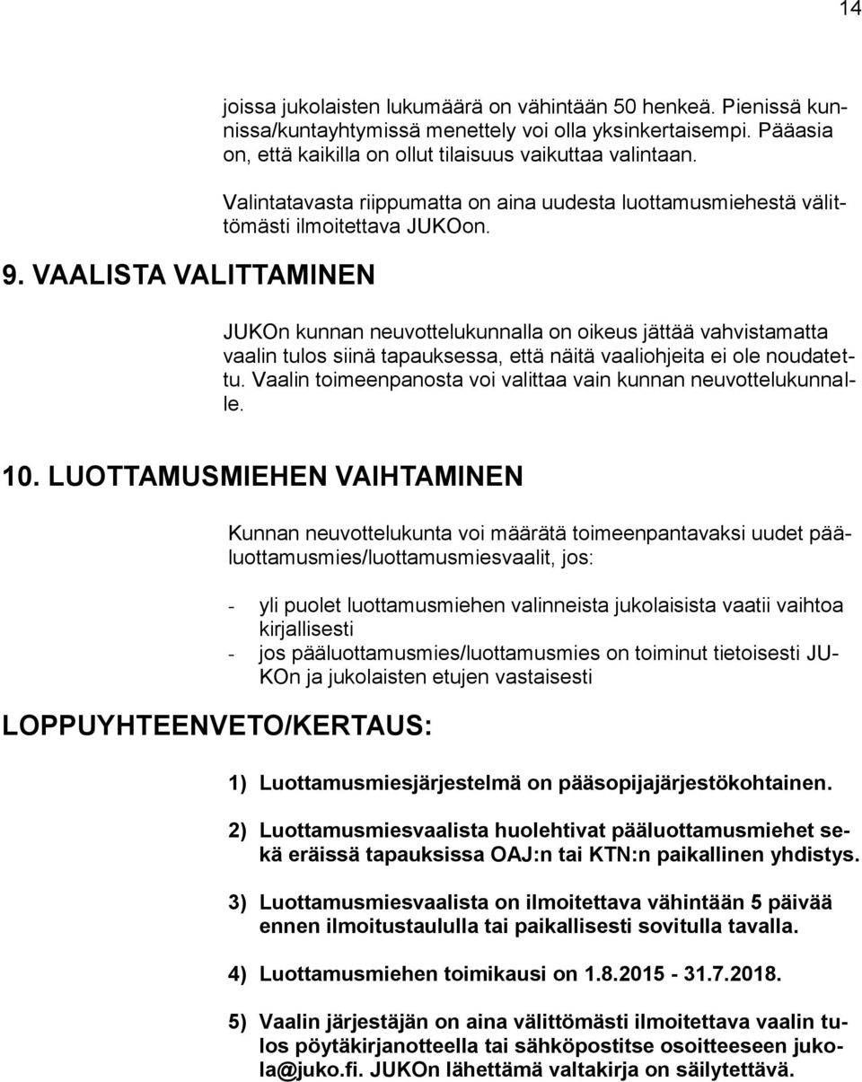 JUKOn kunnan neuvottelukunnalla on oikeus jättää vahvistamatta vaalin tulos siinä tapauksessa, että näitä vaaliohjeita ei ole noudatettu.