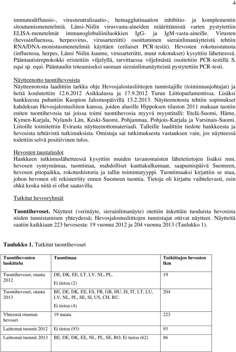 Virusten (hevosinfluenssa, herpesvirus, virusarteriitti) osoittaminen sierainlimanäytteistä tehtiin RNA/DNA-monistusmenetelmiä käyttäen (erilaiset PCR-testit).