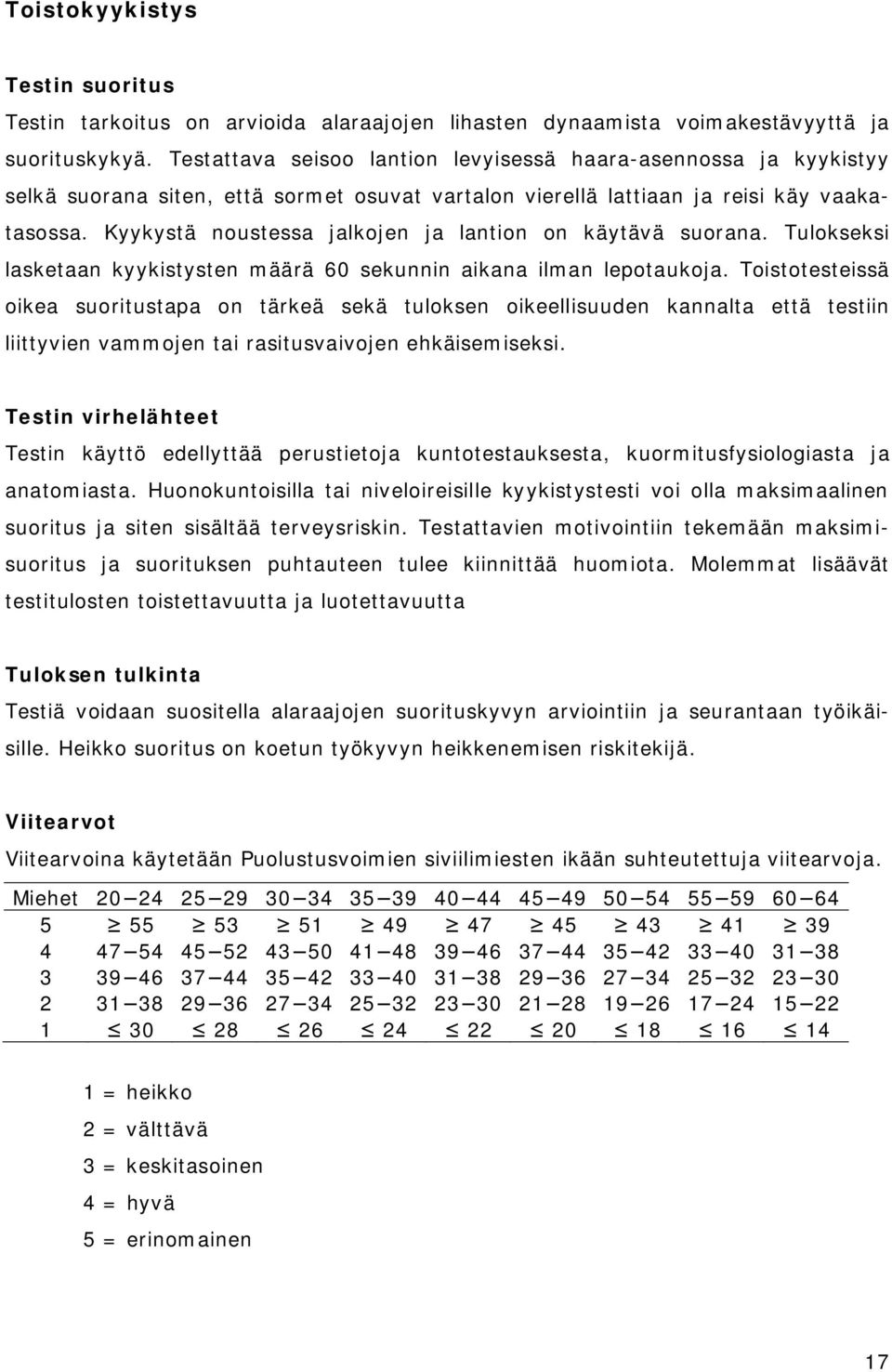 Kyykystä noustessa jalkojen ja lantion on käytävä suorana. Tulokseksi lasketaan kyykistysten määrä 60 sekunnin aikana ilman lepotaukoja.