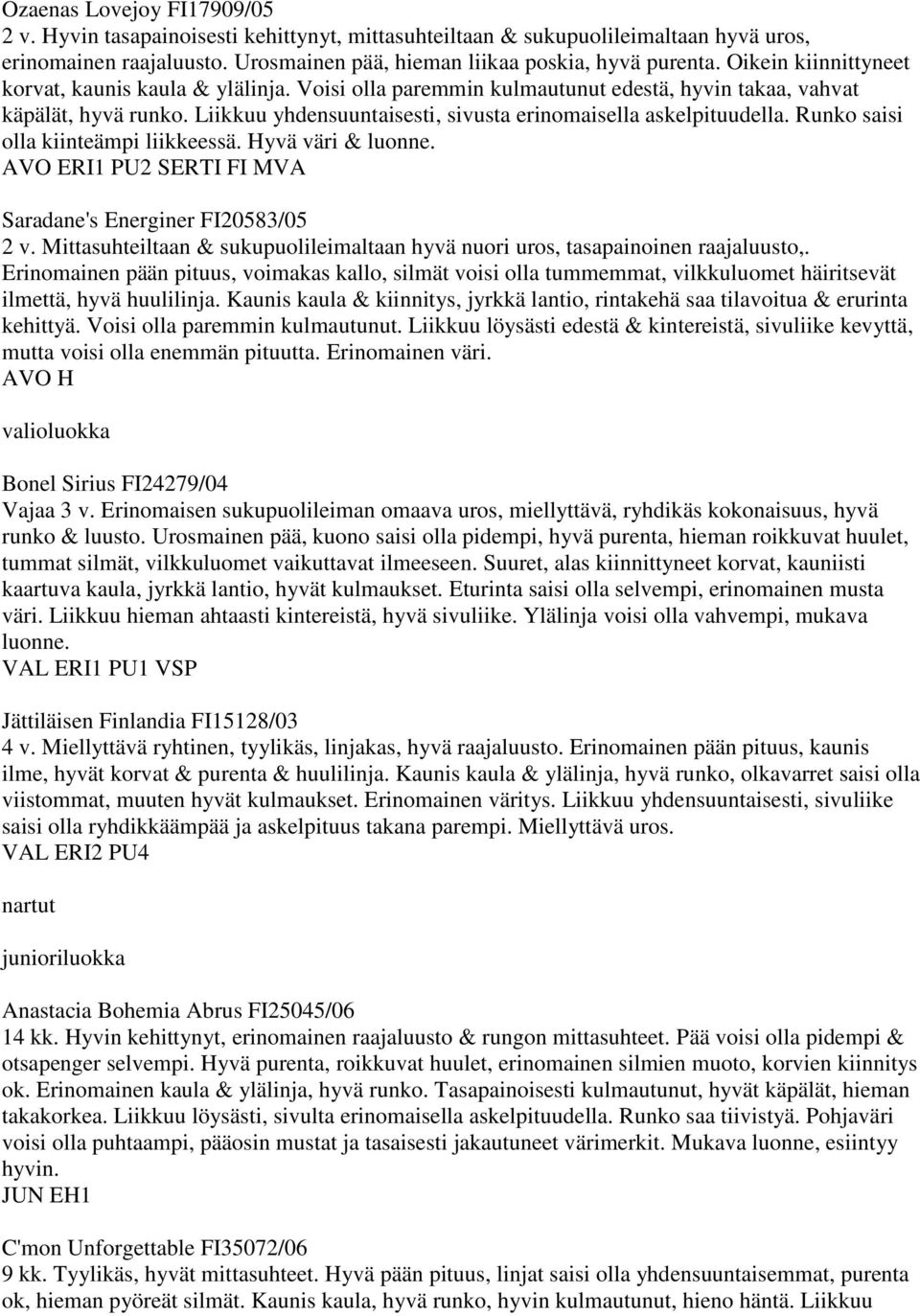 Runko saisi olla kiinteämpi liikkeessä. Hyvä väri & luonne. AVO ERI1 PU2 SERTI FI MVA Saradane's Energiner FI20583/05 2 v.