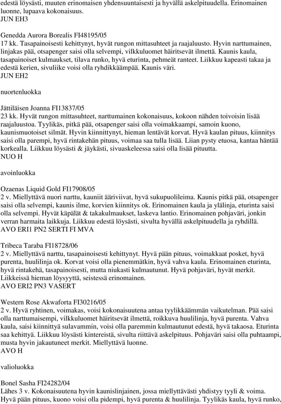 Kaunis kaula, tasapainoiset kulmaukset, tilava runko, hyvä eturinta, pehmeät ranteet. Liikkuu kapeasti takaa ja edestä kerien, sivuliike voisi olla ryhdikkäämpää. Kaunis väri.