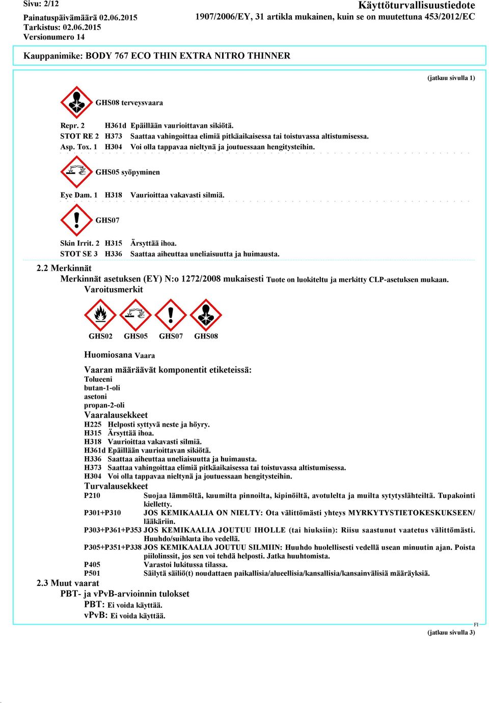 STOT SE 3 H336 Saattaa aiheuttaa uneliaisuutta ja huimausta. 2.2 Merkinnät Merkinnät asetuksen (EY) N:o 1272/2008 mukaisesti Tuote on luokiteltu ja merkitty CLP-asetuksen mukaan.