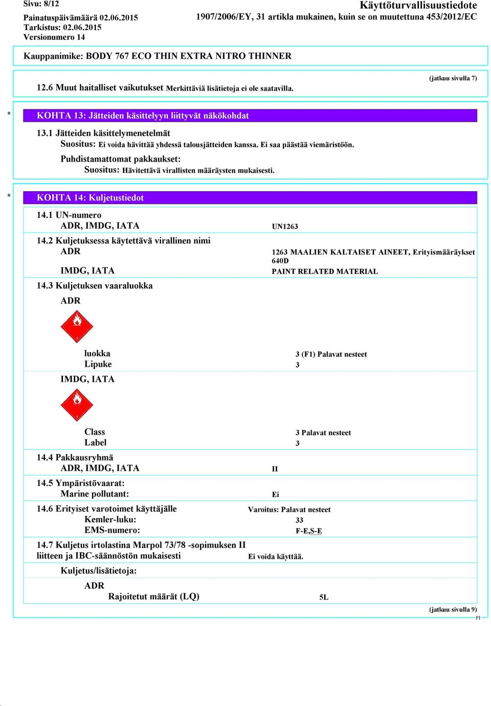 Puhdistamattomat pakkaukset: Suositus: Hävitettävä virallisten määräysten mukaisesti. * KOHTA 14: Kuljetustiedot 14.1 UN-numero ADR, IMDG, IATA 14.