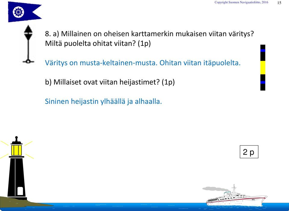 (1p) Väritys on musta-keltainen-musta. Ohitan viitan itäpuolelta.