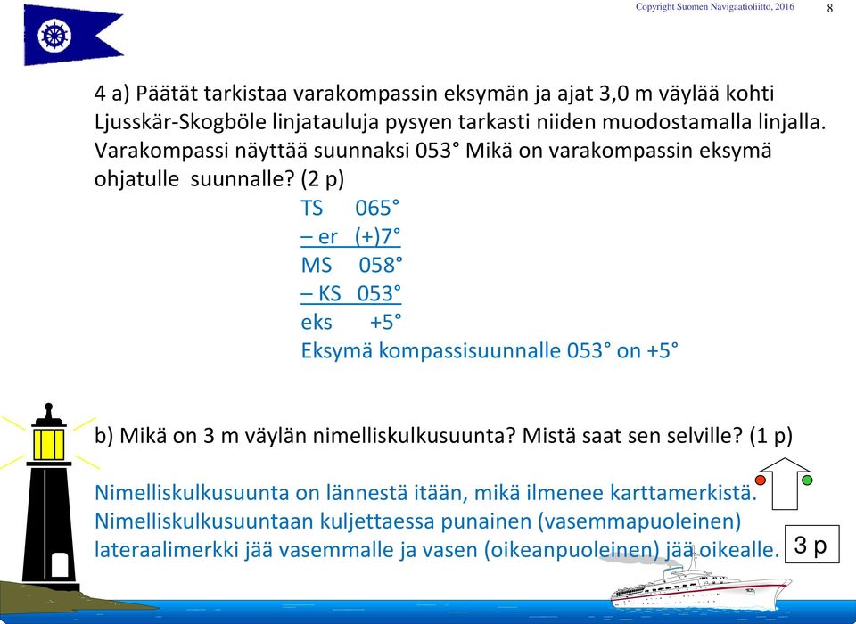 (2 p) TS 065 er (+)7 MS 058 KS 053 eks +5 Eksymä kompassisuunnalle 053 on +5 b) Mikä on 3 m väylän nimelliskulkusuunta? Mistä saat sen selville?