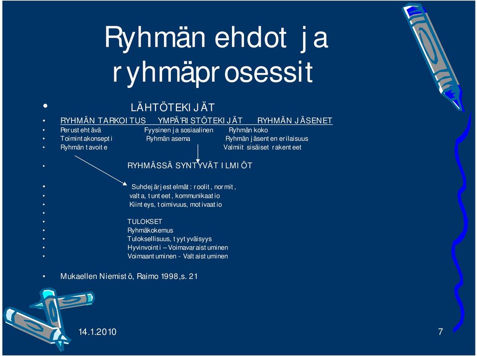 ILMIÖT Suhdejärjestelmät: roolit, normit, valta, tunteet, kommunikaatio Kiinteys, toimivuus, motivaatio TULOKSET Ryhmäkokemus