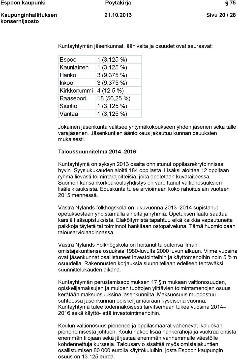 (56,25 %) Siuntio 1 (3,125 %) Vantaa 1 (3,125 %) Jokainen jäsenkunta valitsee yhtymäkokoukseen yhden jäsenen sekä tälle varajäsenen. Jäsenkuntien äänioikeus jakautuu kunnan osuuksien mukaisesti.