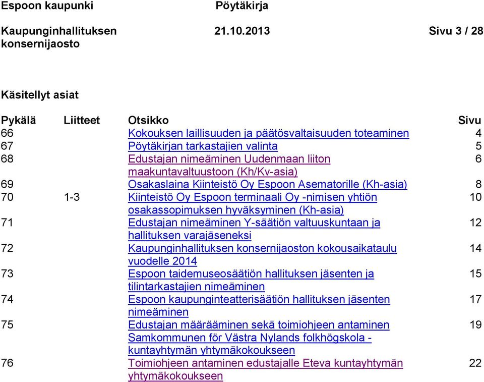 liiton 6 maakuntavaltuustoon (Kh/Kv-asia) 69 Osakaslaina Kiinteistö Oy Espoon Asematorille (Kh-asia) 8 70 1-3 Kiinteistö Oy Espoon terminaali Oy -nimisen yhtiön 10 osakassopimuksen hyväksyminen