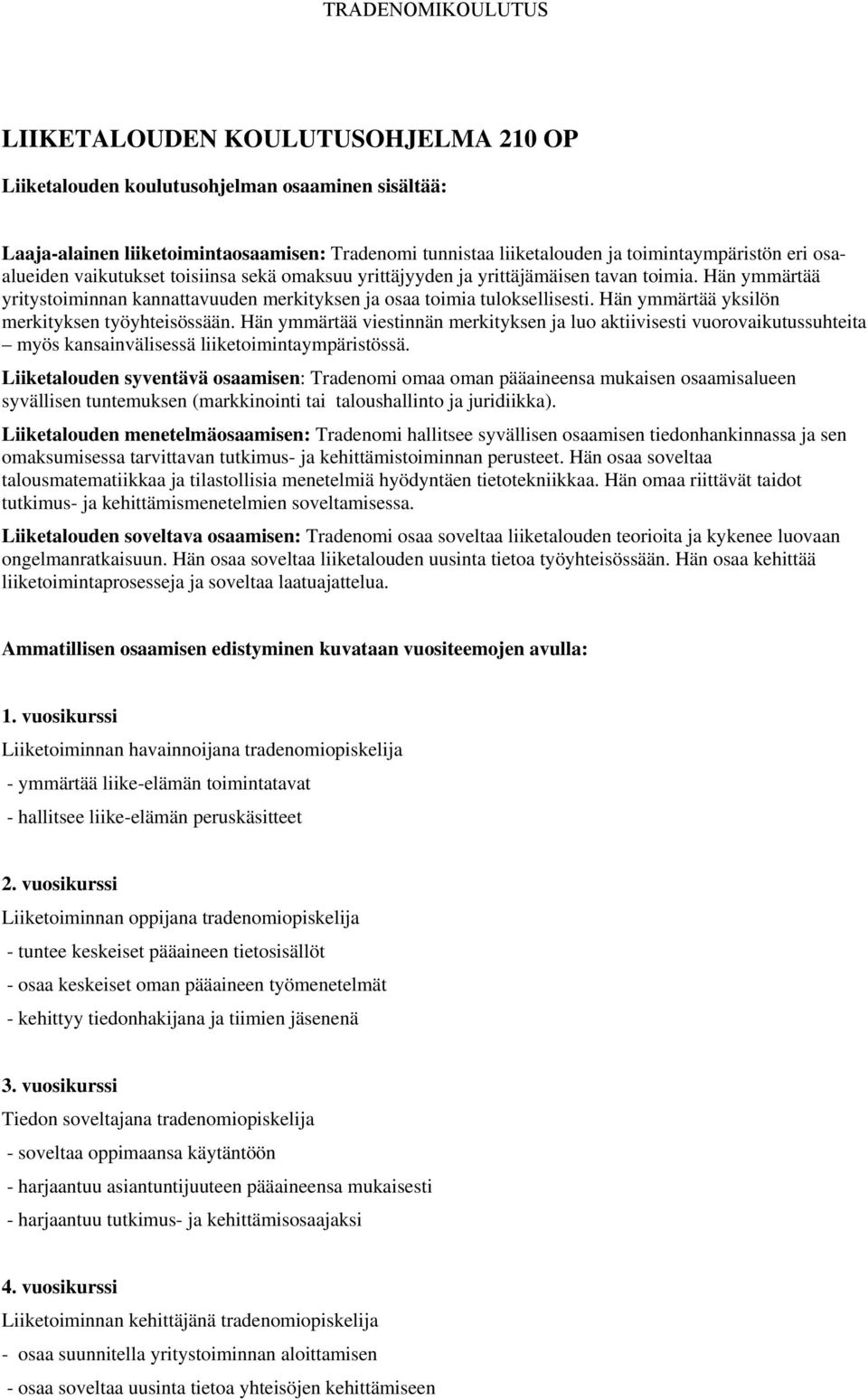 Hän ymmärtää yksilön merkityksen työyhteisössään. Hän ymmärtää viestinnän merkityksen ja luo aktiivisesti vuorovaikutussuhteita myös kansainvälisessä liiketoimintaympäristössä.