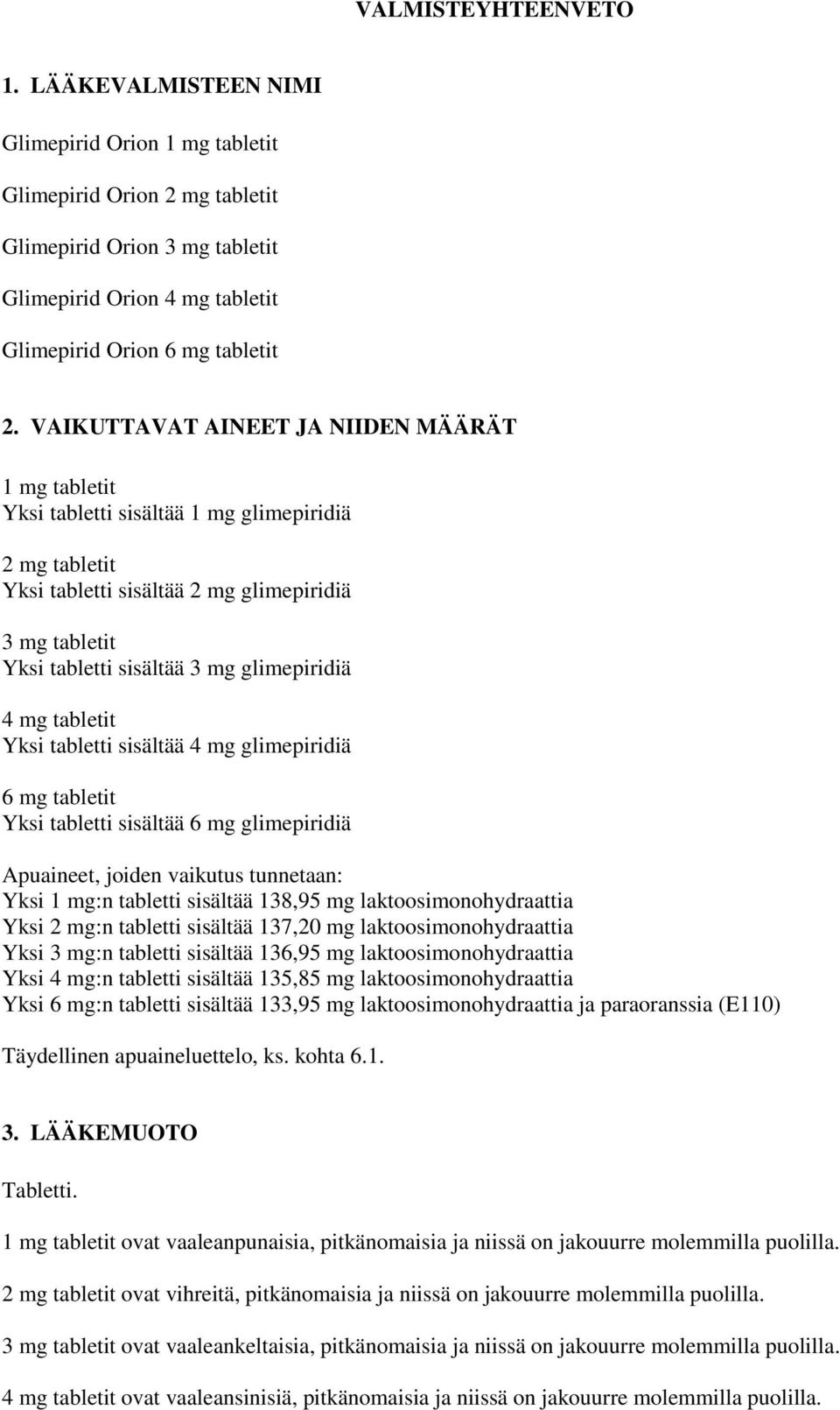 glimepiridiä 4 mg tabletit Yksi tabletti sisältää 4 mg glimepiridiä 6 mg tabletit Yksi tabletti sisältää 6 mg glimepiridiä Apuaineet, joiden vaikutus tunnetaan: Yksi 1 mg:n tabletti sisältää 138,95