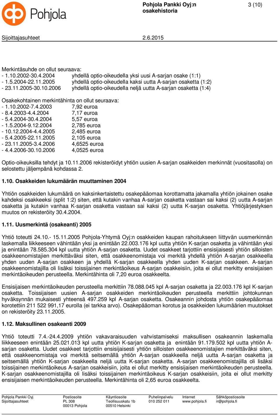 2006 yhdellä optio-oikeudella neljä uutta A-sarjan osaketta (1:4) Osakekohtainen merkintähinta on ollut seuraava: - 1.10.2002-7.4.2003 7,92 euroa - 8.4.2003-4.4.2004 7,17 euroa - 5.4.2004-30.4.2004 5,57 euroa - 1.