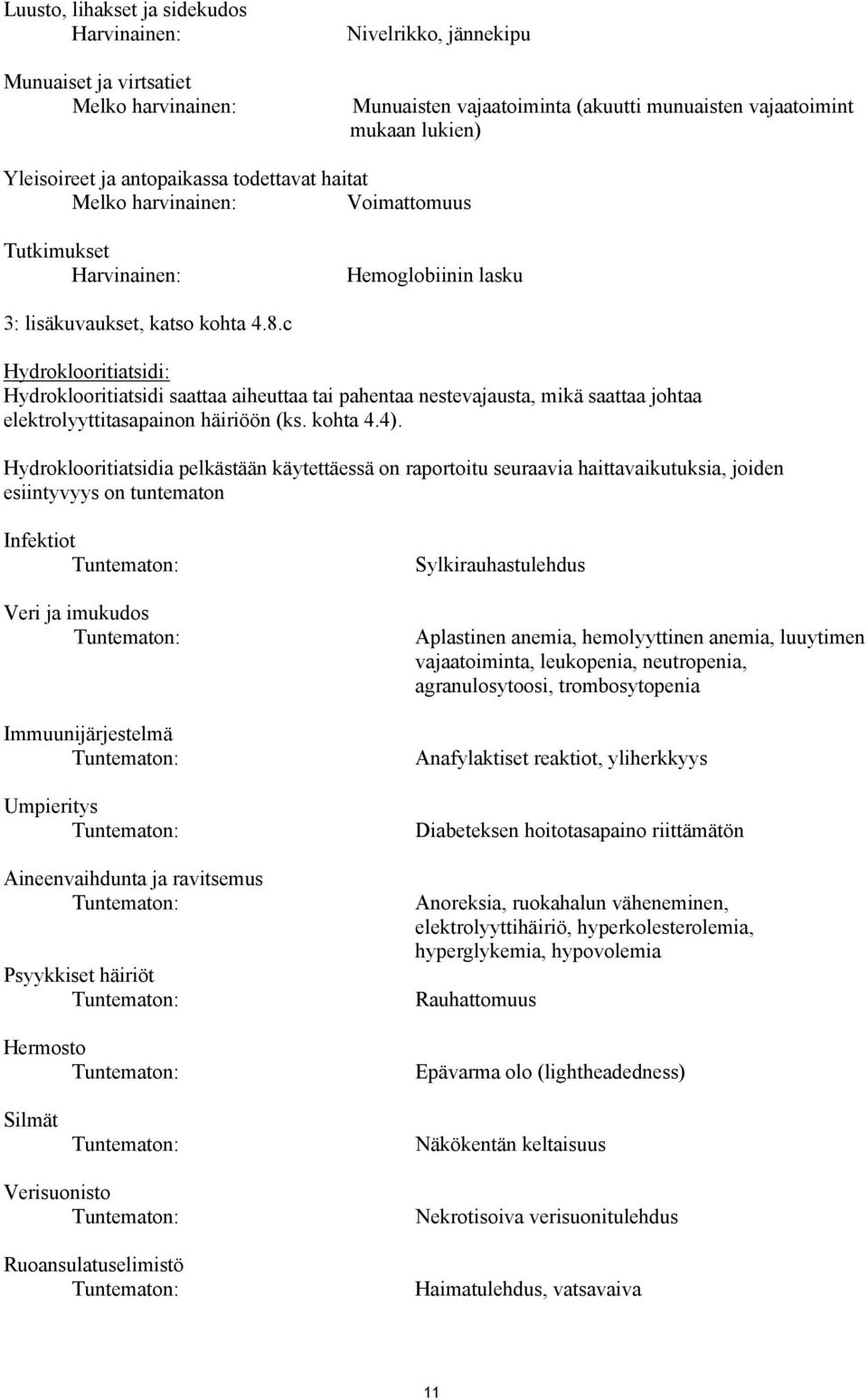 c Hydroklooritiatsidi: Hydroklooritiatsidi saattaa aiheuttaa tai pahentaa nestevajausta, mikä saattaa johtaa elektrolyyttitasapainon häiriöön (ks. kohta 4.4).