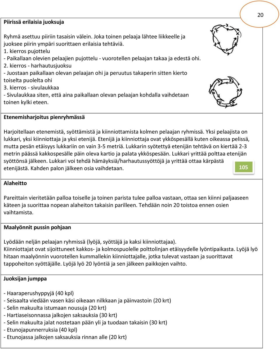 kierros - harhautusjuoksu - Juostaan paikallaan olevan pelaajan ohi ja peruutus takaperin sitten kierto toiselta puolelta ohi 3.