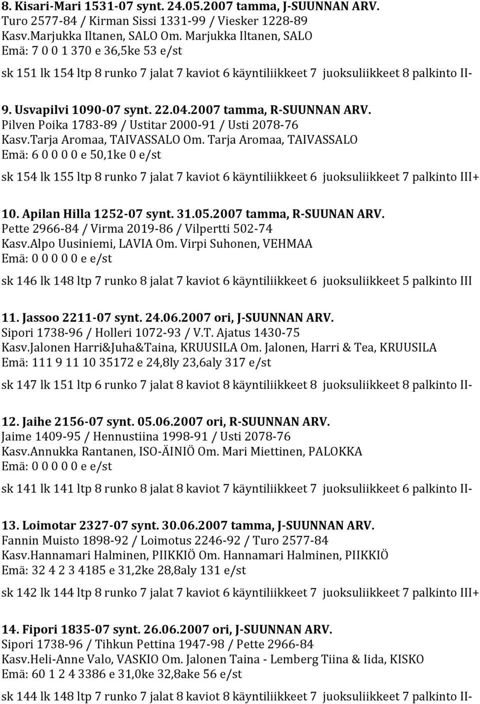 2007 tamma, R-SUUNNAN ARV. Pilven Poika 1783-89 / Ustitar 2000-91 / Usti 2078-76 Kasv.Tarja Aromaa, TAIVASSALO Om.