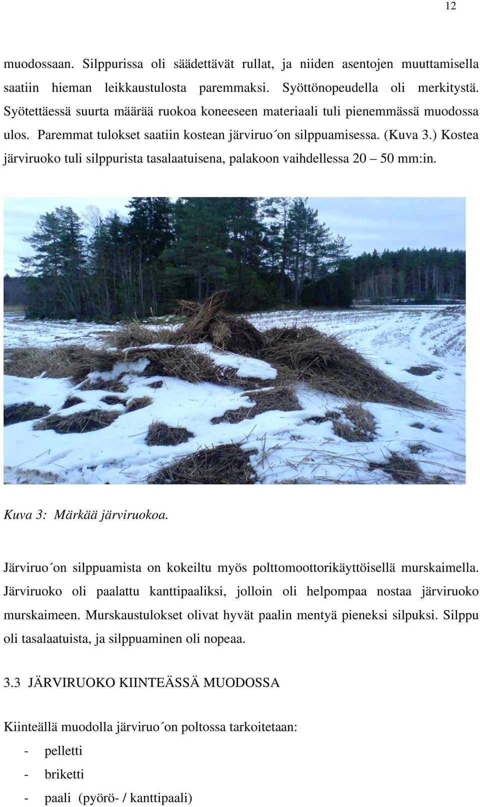 ) Kostea järviruoko tuli silppurista tasalaatuisena, palakoon vaihdellessa 20 50 mm:in. Kuva 3: Märkää järviruokoa. Järviruo on silppuamista on kokeiltu myös polttomoottorikäyttöisellä murskaimella.