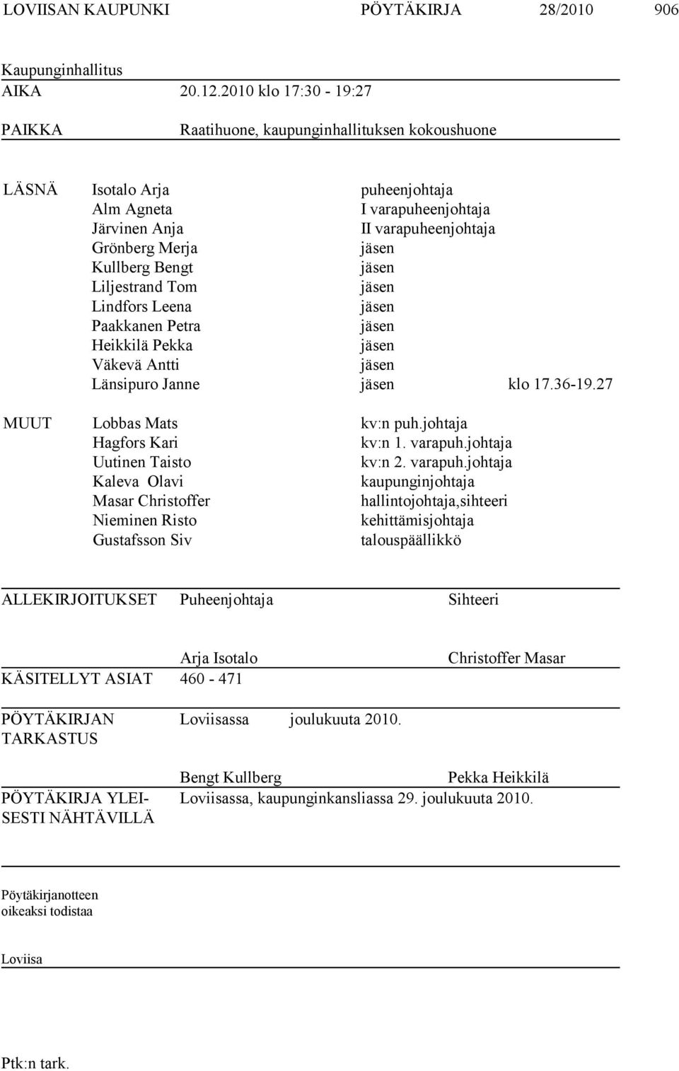 Kullberg Bengt jäsen Liljestrand Tom jäsen Lindfors Leena jäsen Paakkanen Petra jäsen Heikkilä Pekka jäsen Väkevä Antti jäsen Länsipuro Janne jäsen klo 17.36-19.27 MUUT Lobbas Mats kv:n puh.