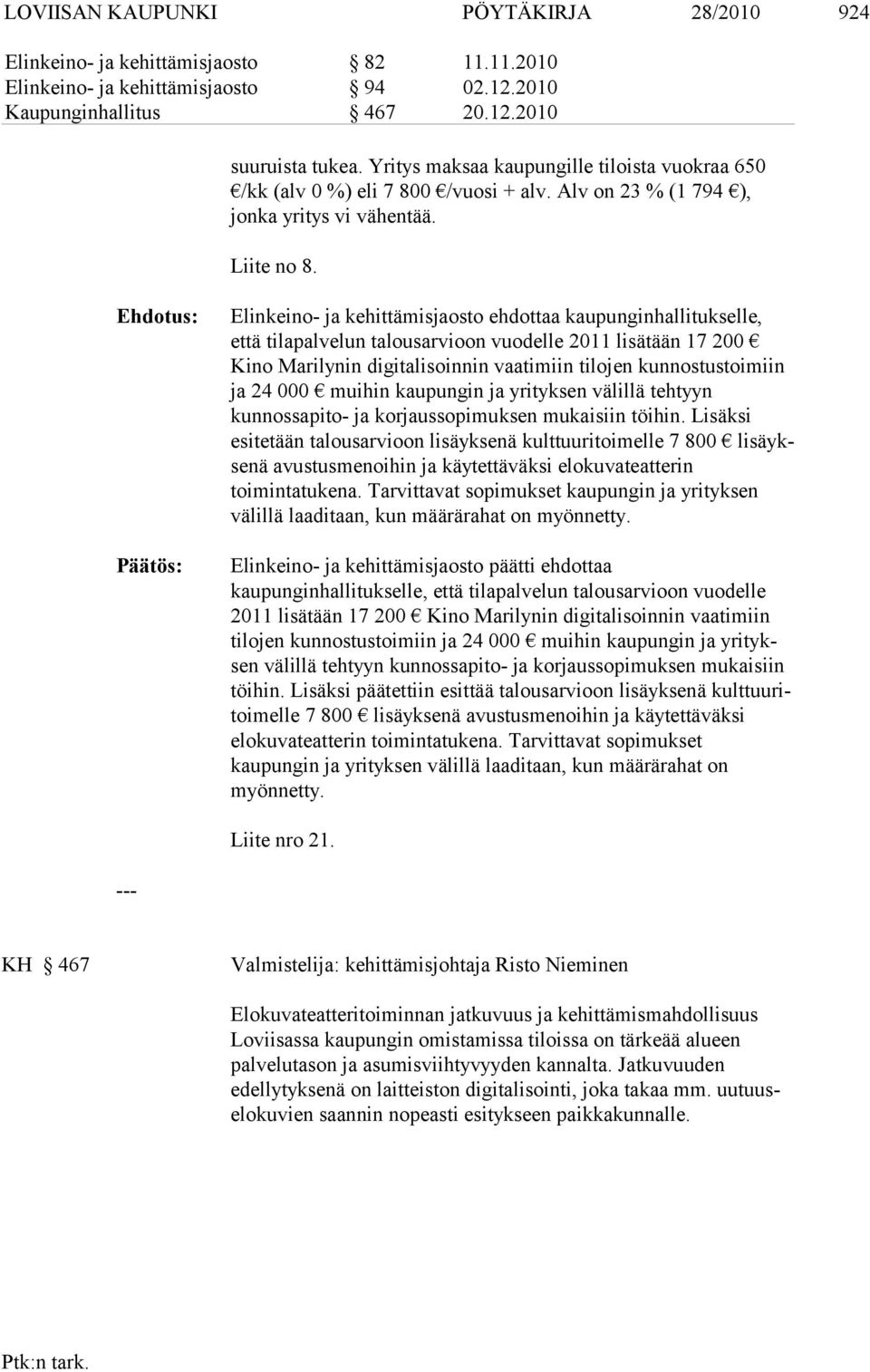 Ehdotus: Elinkeino- ja kehittämisjaosto ehdottaa kaupunginhallitukselle, että tilapal velun talousarvioon vuodelle 2011 lisätään 17 200 Kino Marilynin digita li soin nin vaa ti miin tilojen