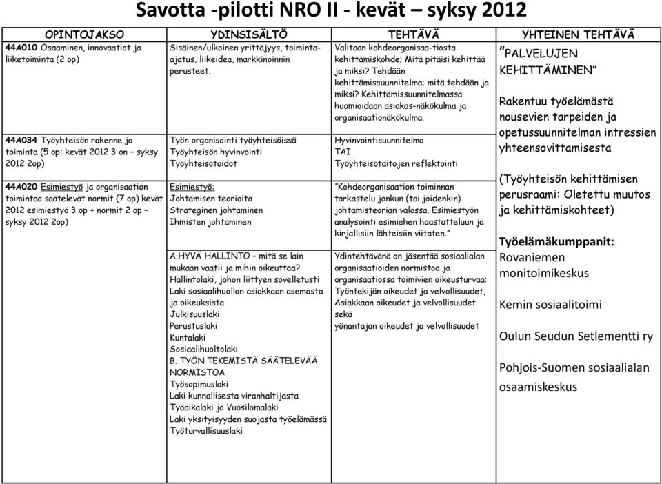 liikeidea, markkinoinnin perusteet. Työn organisointi työyhteisöissä Työyhteisön hyvinvointi Työyhteisötaidot Esimiestyö: Johtamisen teorioita Strateginen johtaminen Ihmisten johtaminen A.