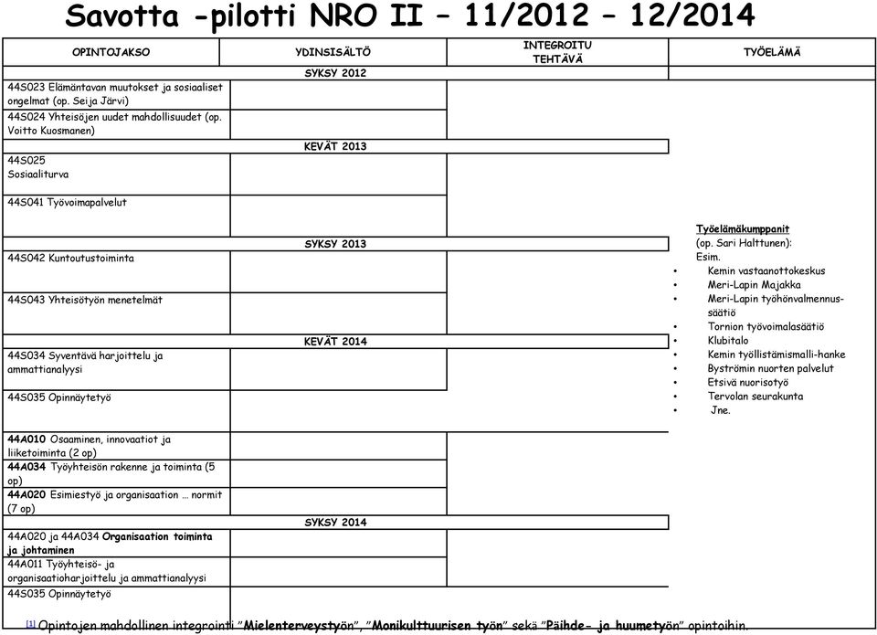 harjoittelu ja ammattianalyysi 44S035 Opinnäytetyö SYKSY 2013 KEVÄT 2014 Työelämäkumppanit (op. Sari Halttunen): Esim.