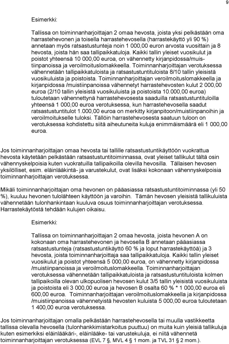 Kaikki tallin yleiset vuosikulut ja poistot yhteensä 10 000,00 euroa, on vähennetty kirjanpidossa/muistiinpanoissa ja veroilmoituslomakkeella.