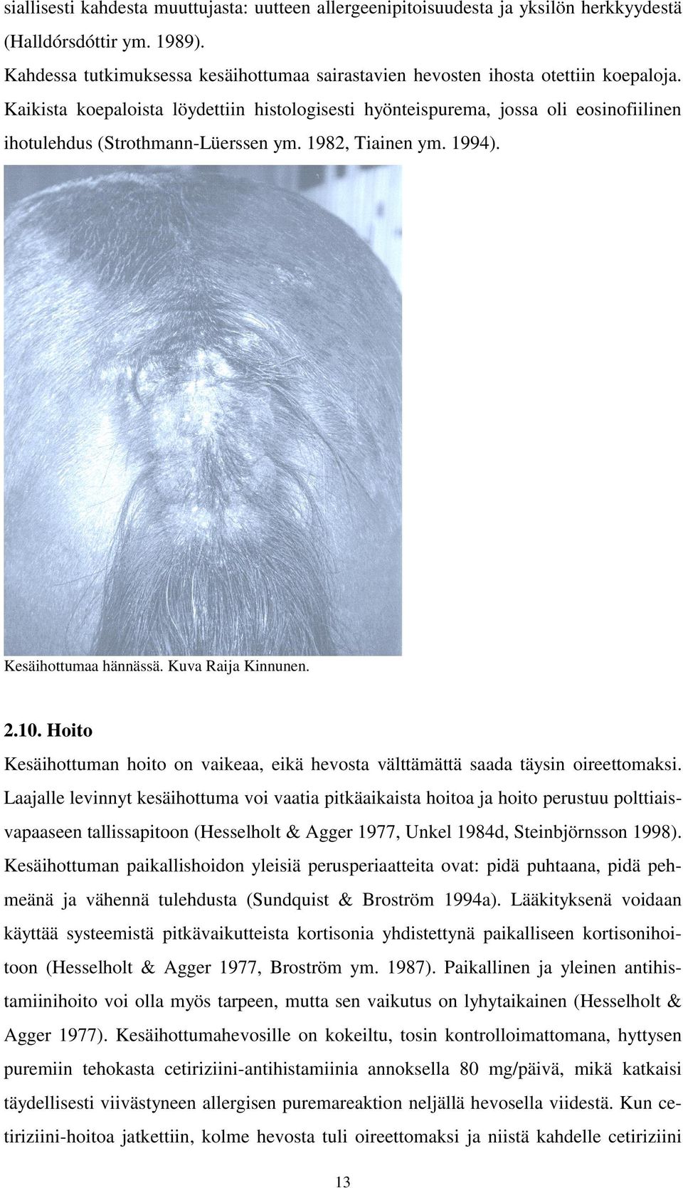 Kaikista koepaloista löydettiin histologisesti hyönteispurema, jossa oli eosinofiilinen ihotulehdus (Strothmann-Lüerssen ym. 1982, Tiainen ym. 1994). Kesäihottumaa hännässä. Kuva Raija Kinnunen. 2.10.