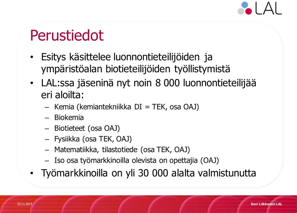 OAJ) Biokemia Biotieteet (osa OAJ) Fysiikka (osa TEK, OAJ) Matematiikka, tilastotiede (osa TEK, OAJ)