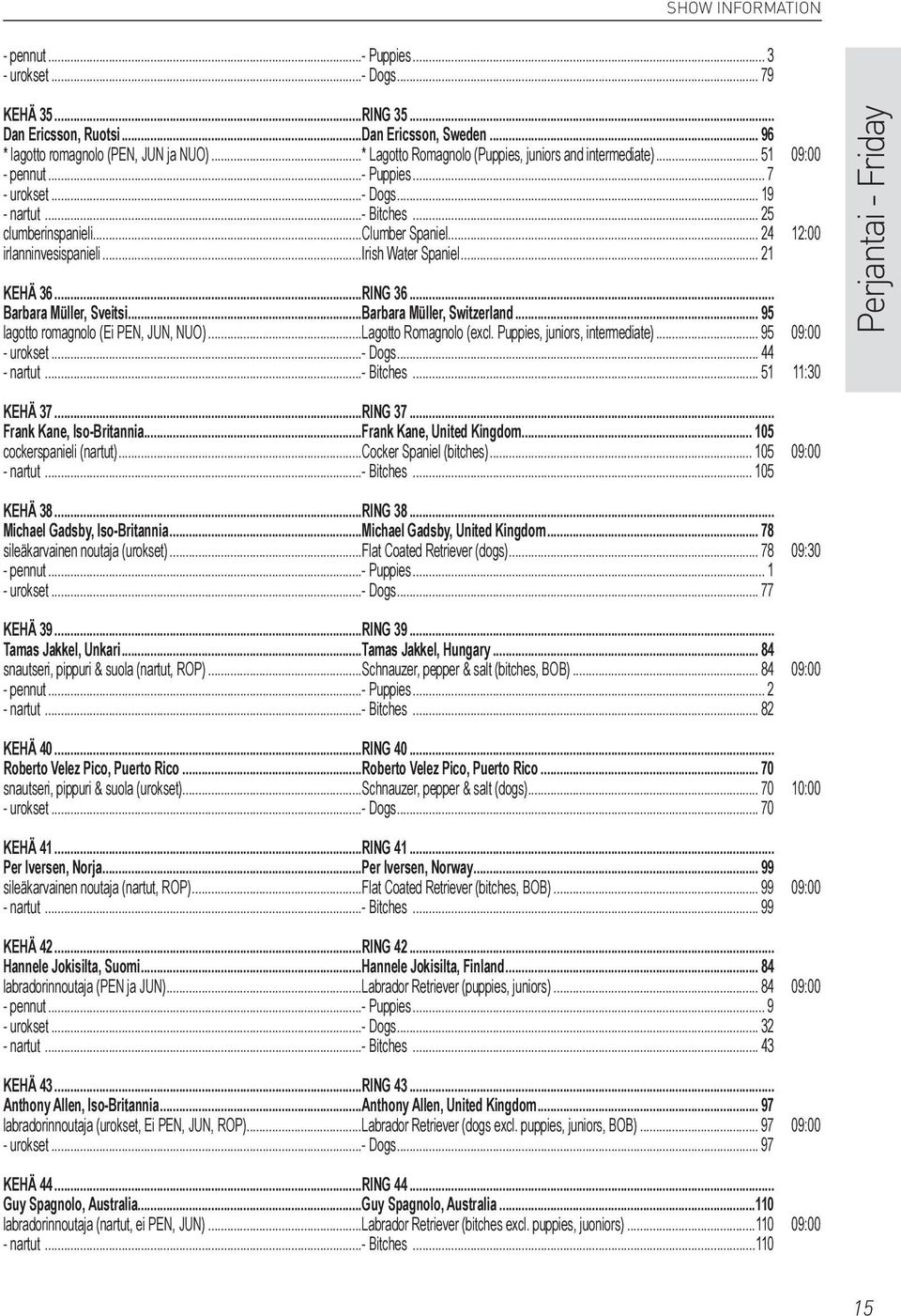 .. 24 12:00 irlanninvesispanieli...irish Water Spaniel... 21 KEHÄ 36...RING 36... Barbara Müller, Sveitsi...Barbara Müller, Switzerland... 95 lagotto romagnolo (Ei PEN, JUN, NUO).