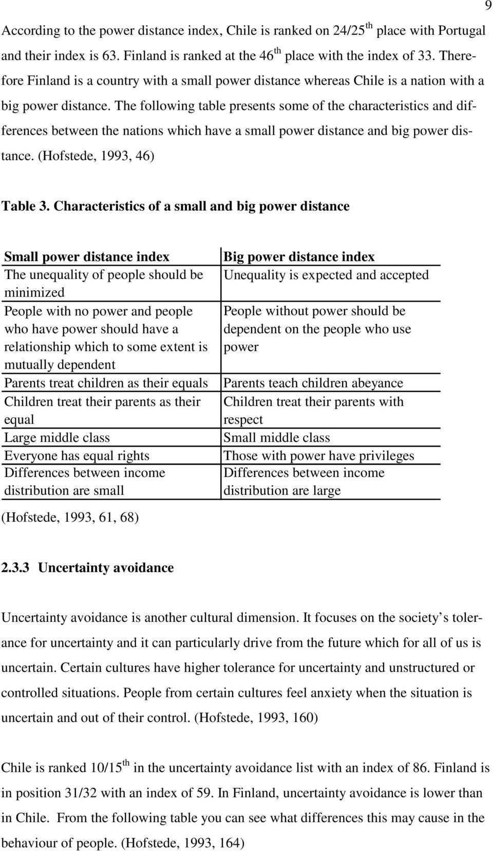 The following table presents some of the characteristics and differences between the nations which have a small power distance and big power distance. (Hofstede, 1993, 46) Table 3.