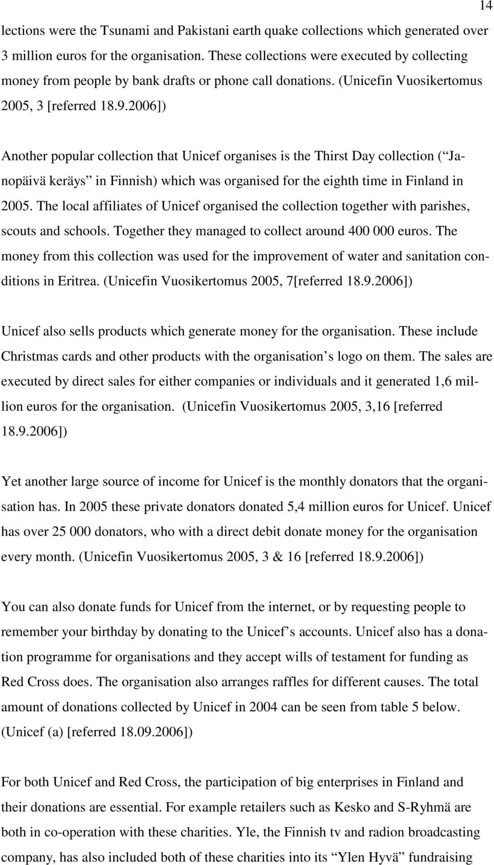 2006]) Another popular collection that Unicef organises is the Thirst Day collection ( Janopäivä keräys in Finnish) which was organised for the eighth time in Finland in 2005.