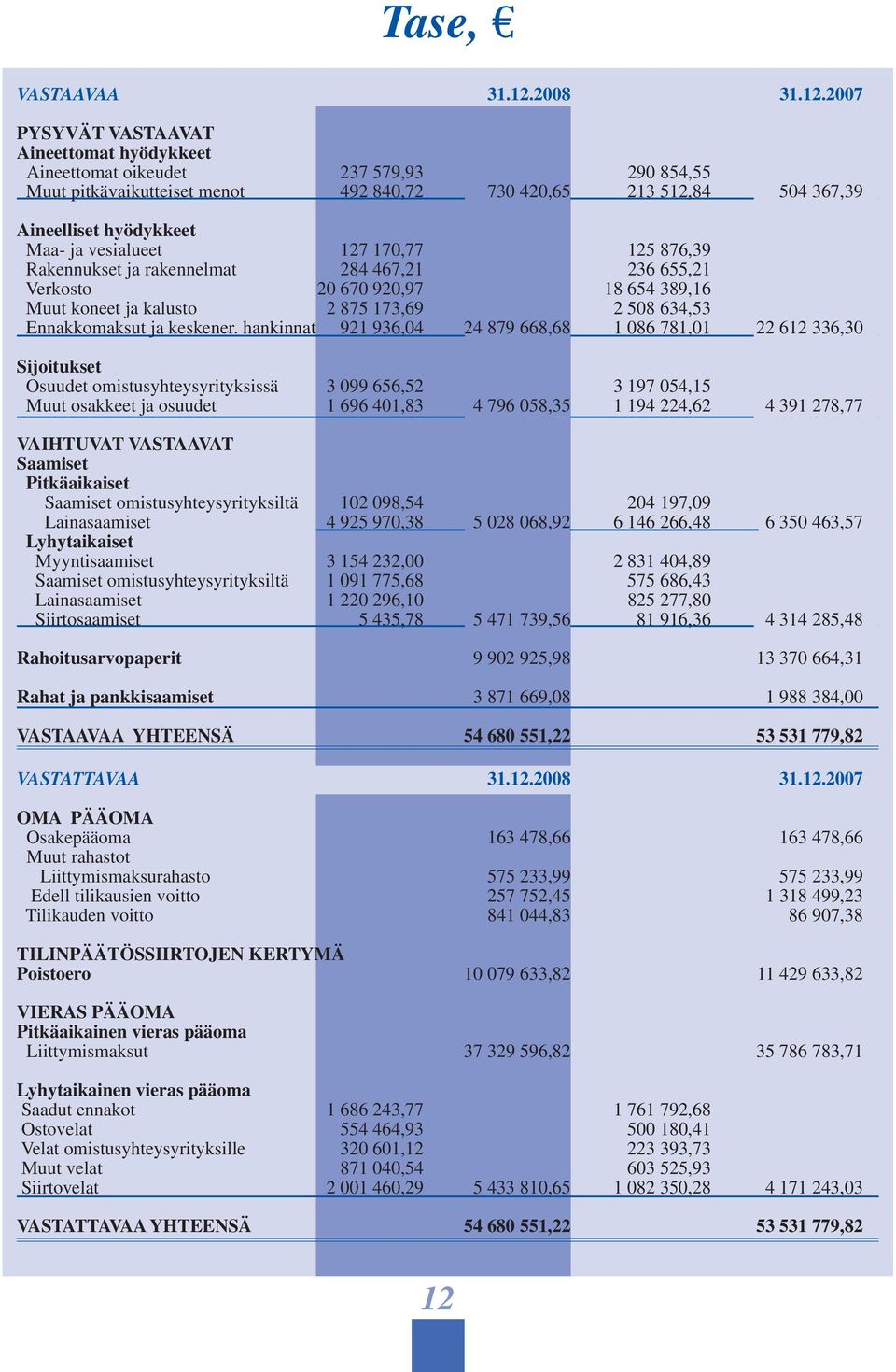 2007 PYSYVÄT VASTAAVAT Aineettomat hyödykkeet Aineettomat oikeudet 237 579,93 290 854,55 Muut pitkävaikutteiset menot 492 840,72 730 420,65 213 512,84 504 367,39 Aineelliset hyödykkeet Maa- ja