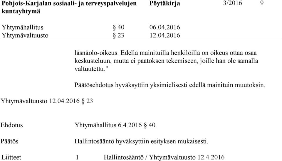 samalla valtuutettu." ehdotus hyväksyttiin yksimielisesti edellä mainituin muutoksin. Ehdotus Yhtymähallitus 6.4.