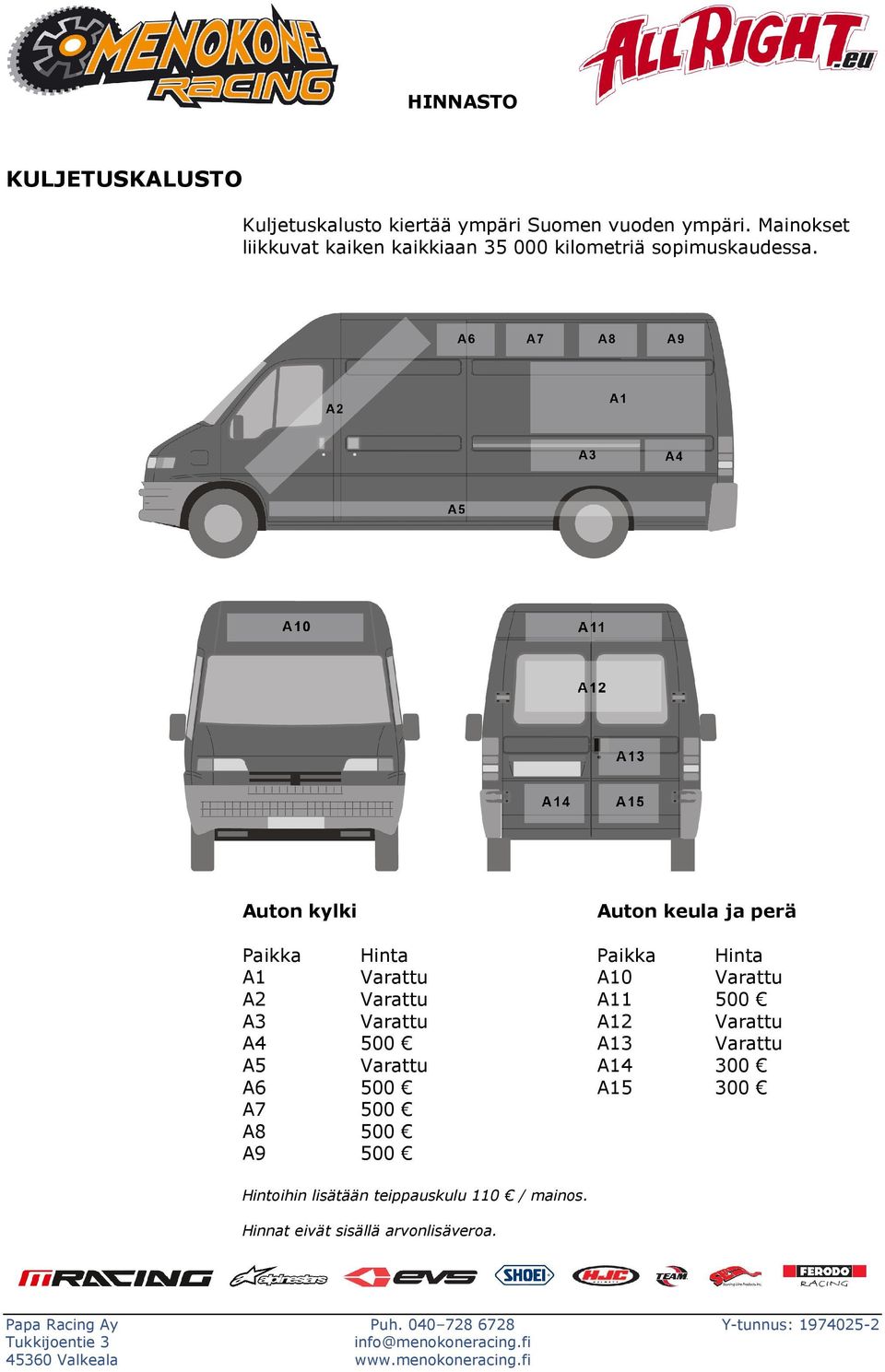 Auton kylki Auton keula ja perä Paikka Hinta Paikka Hinta A1 Varattu A10 Varattu A2 Varattu A11