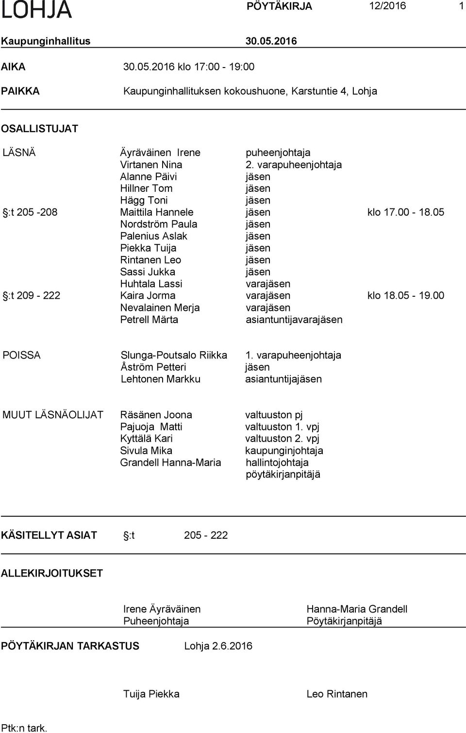 05 Nordström Paula jäsen Palenius Aslak jäsen Piekka Tuija jäsen Rintanen Leo jäsen Sassi Jukka jäsen Huhtala Lassi varajäsen :t 209-222 Kaira Jorma varajäsen klo 18.05-19.
