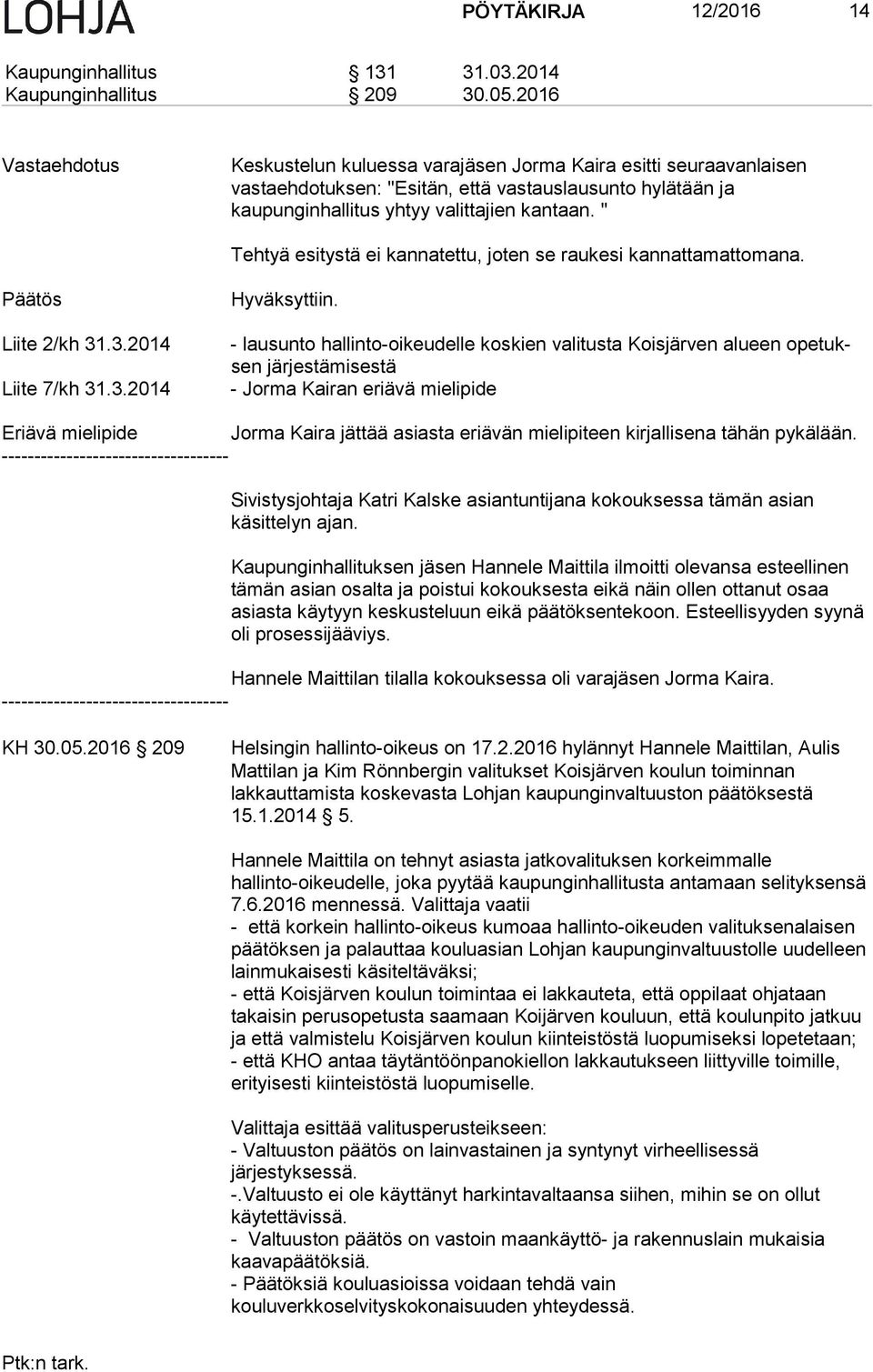 " Tehtyä esitystä ei kannatettu, joten se raukesi kan nat ta mat to ma na. Liite 2/kh 31