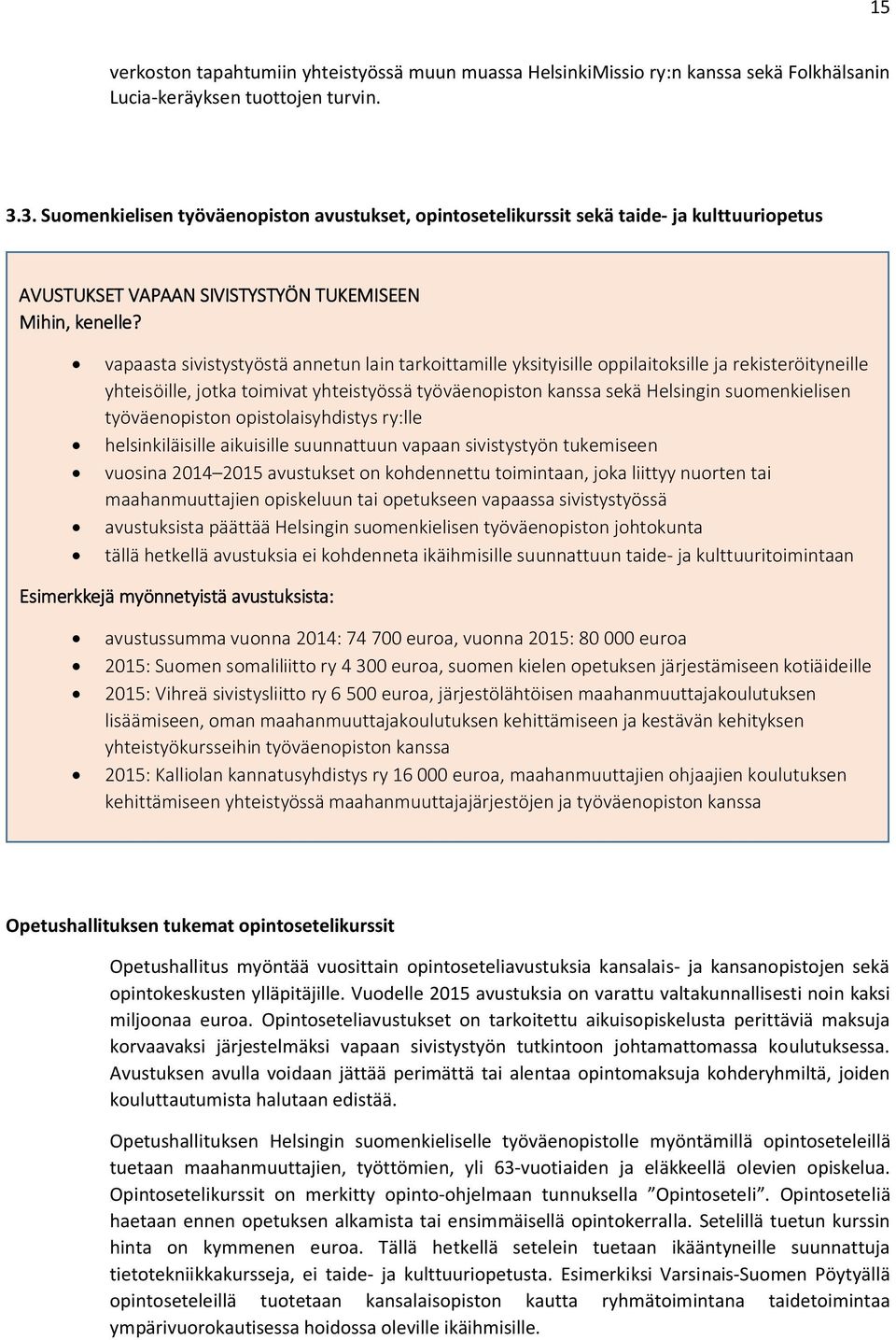 vapaasta sivistystyöstä annetun lain tarkoittamille yksityisille oppilaitoksille ja rekisteröityneille yhteisöille, jotka toimivat yhteistyössä työväenopiston kanssa sekä Helsingin suomenkielisen