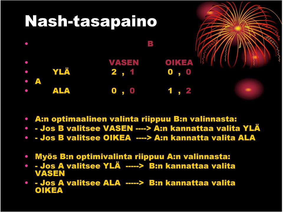 ----> A:n kannatta valita ALA Myös B:n optimivalinta riippuu A:n valinnasta: - Jos A