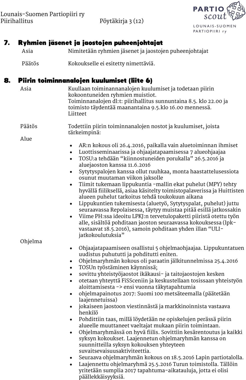 00 ja toimisto täydentää maanantaina 9.5.klo 16.00 mennessä. Liitteet Alue Ohjelma Todettiin piirin toiminnanalojen nostot ja kuulumiset, joista tärkeimpinä: AR:n kokous oli 26.4.