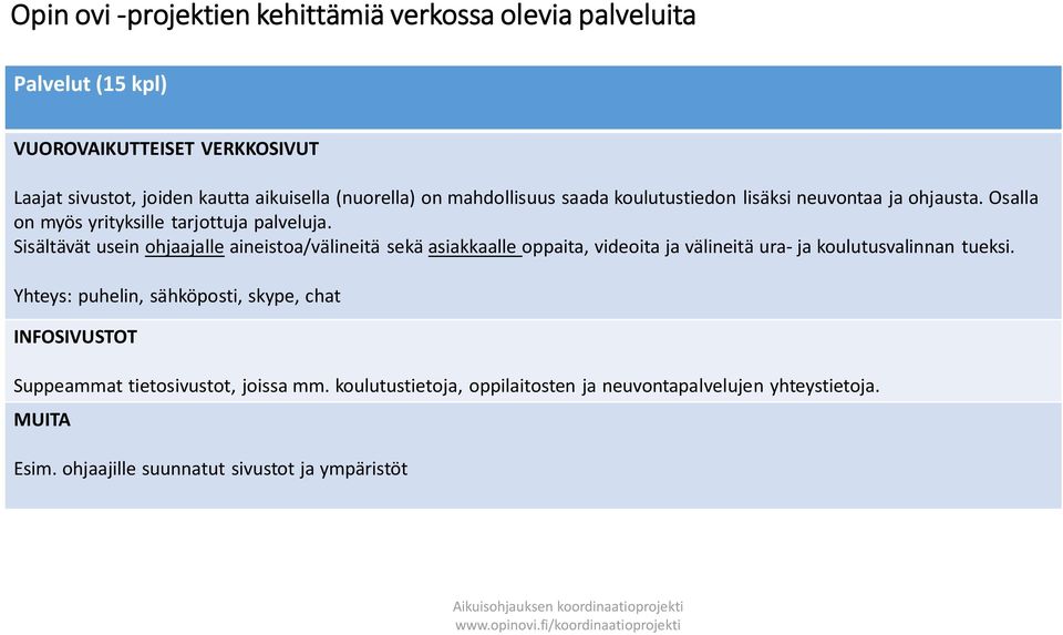 Sisältävät usein ohjaajalle aineistoa/välineitä sekä asiakkaalle oppaita, videoita ja välineitä ura- ja koulutusvalinnan tueksi.