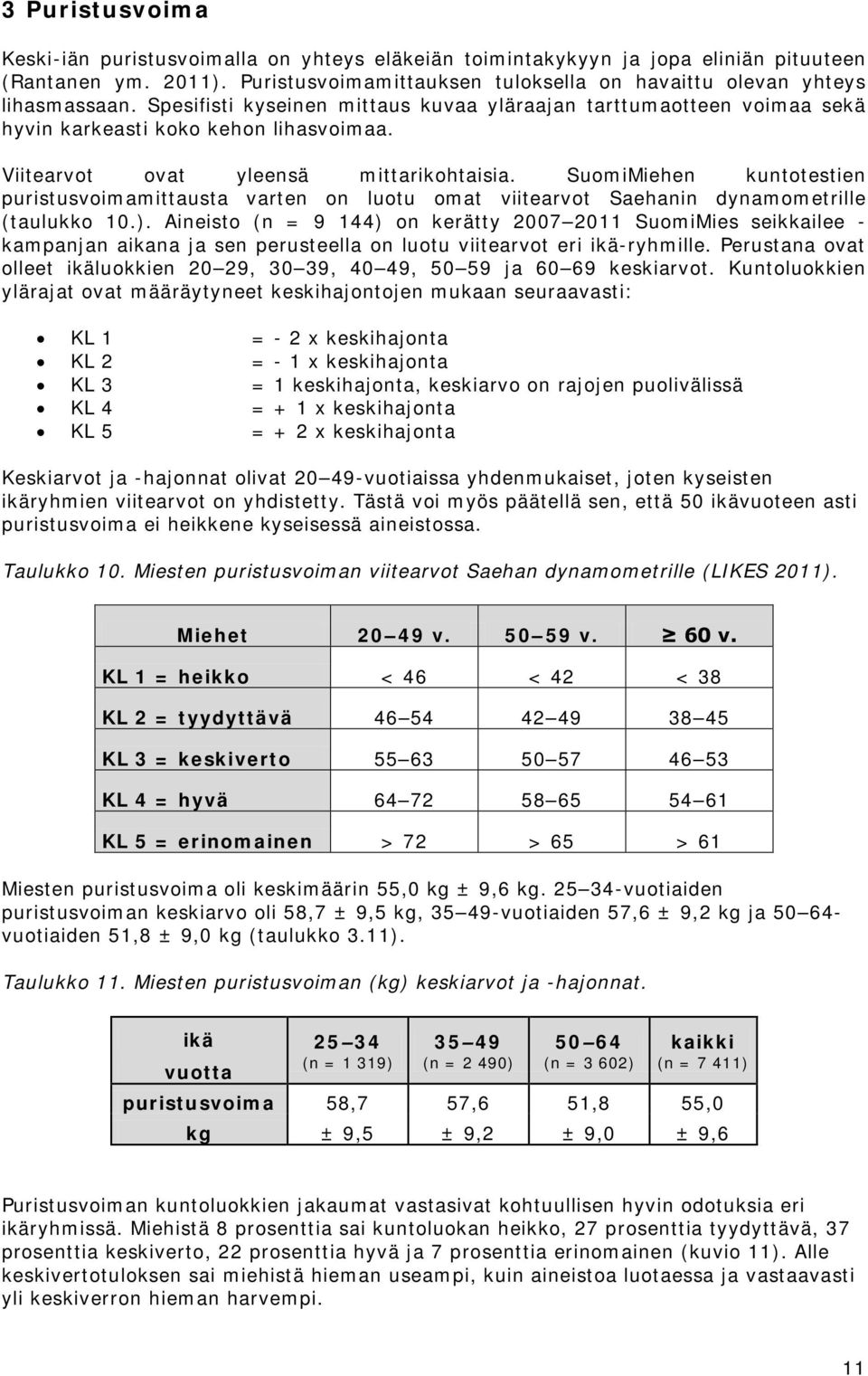 SuomiMiehen kuntotestien puristusvoimamittausta varten on luotu omat viitearvot Saehanin dynamometrille (taulukko 10.).