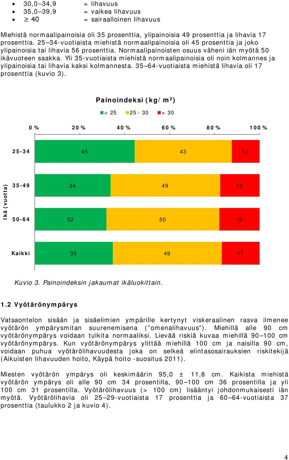 Yli 5-vuotiaista miehistä normaalipainoisia oli noin kolmannes ja ylipainoisia tai lihavia kaksi kolmannesta. 5 64-vuotiaista miehistä lihavia oli prosenttia (kuvio ).