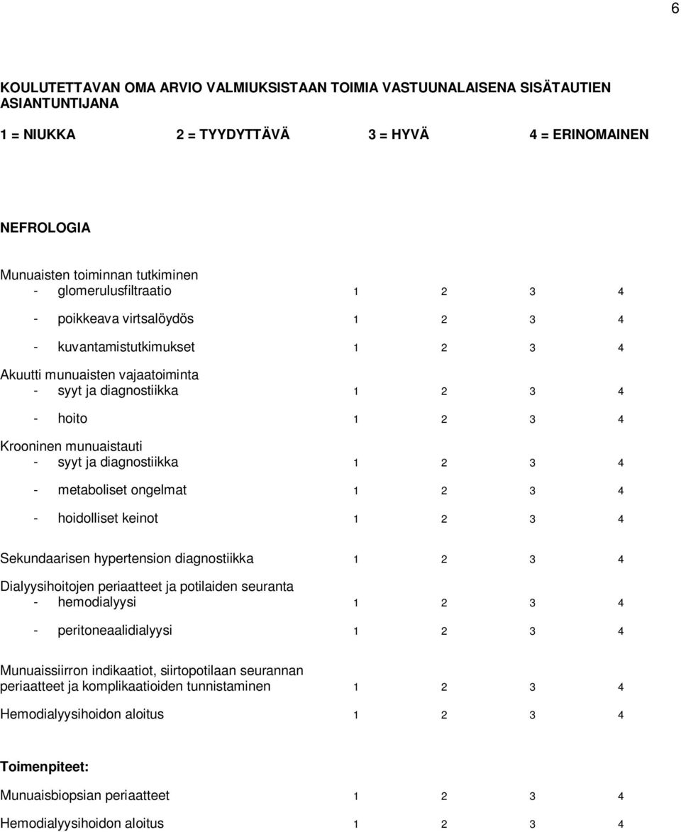 hypertension diagnostiikka 1 2 3 4 Dialyysihoitojen periaatteet ja potilaiden seuranta - hemodialyysi 1 2 3 4 - peritoneaalidialyysi 1 2 3 4 Munuaissiirron indikaatiot,