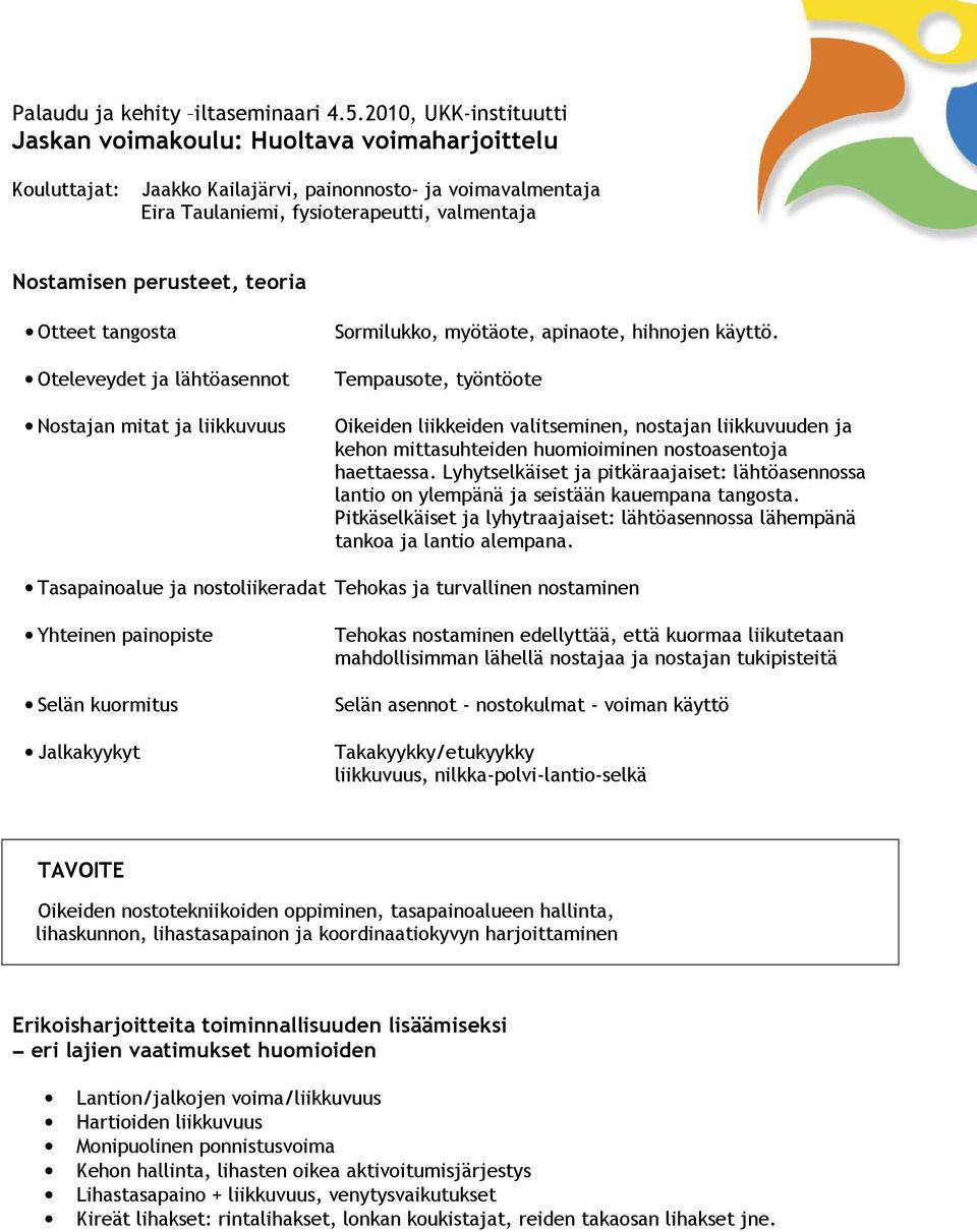 teoria Otteet tangosta Oteleveydet ja lähtöasennot Nostajan mitat ja liikkuvuus Sormilukko, myötäote, apinaote, hihnojen käyttö.