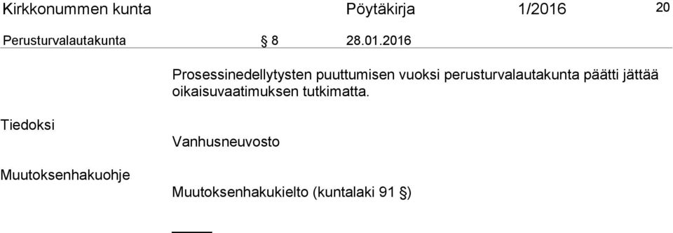 2016 Prosessinedellytysten puuttumisen vuoksi