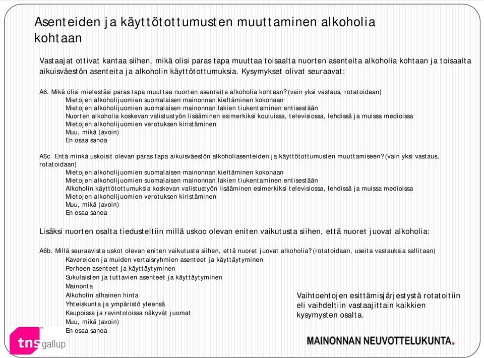(vain yksi vastaus, rotatoidaan) Mietojen alkoholijuomien suomalaisen mainonnan kieltäminen kokonaan Mietojen alkoholijuomien suomalaisen mainonnan lakien tiukentaminen entisestään Nuorten alkoholia