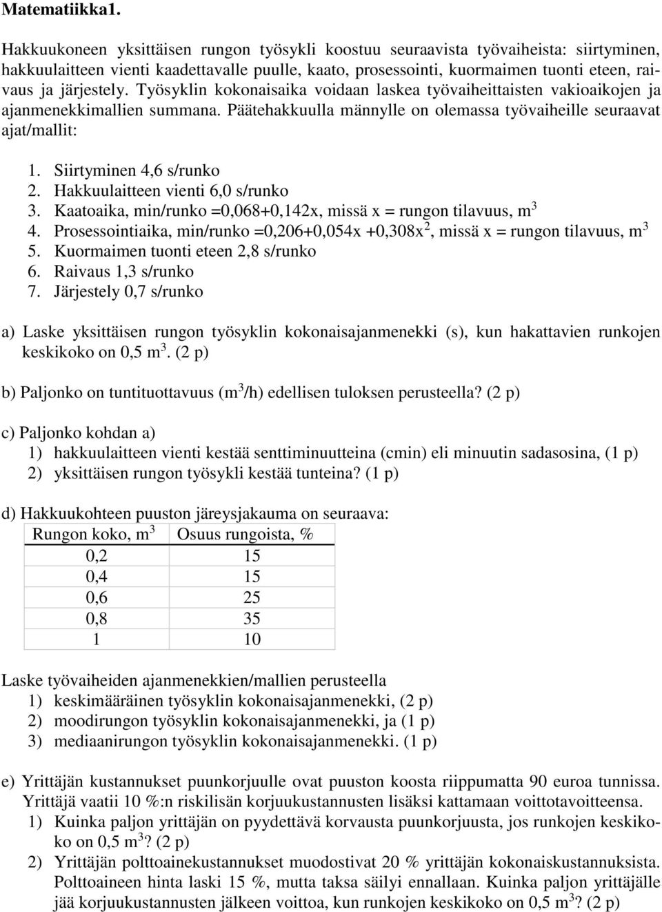 Työsyklin kokonaisaika voidaan laskea työvaiheittaisten vakioaikojen ja ajanmenekkimallien summana. Päätehakkuulla männylle on olemassa työvaiheille seuraavat ajat/mallit:. Siirtyminen 4,6 s/runko 2.