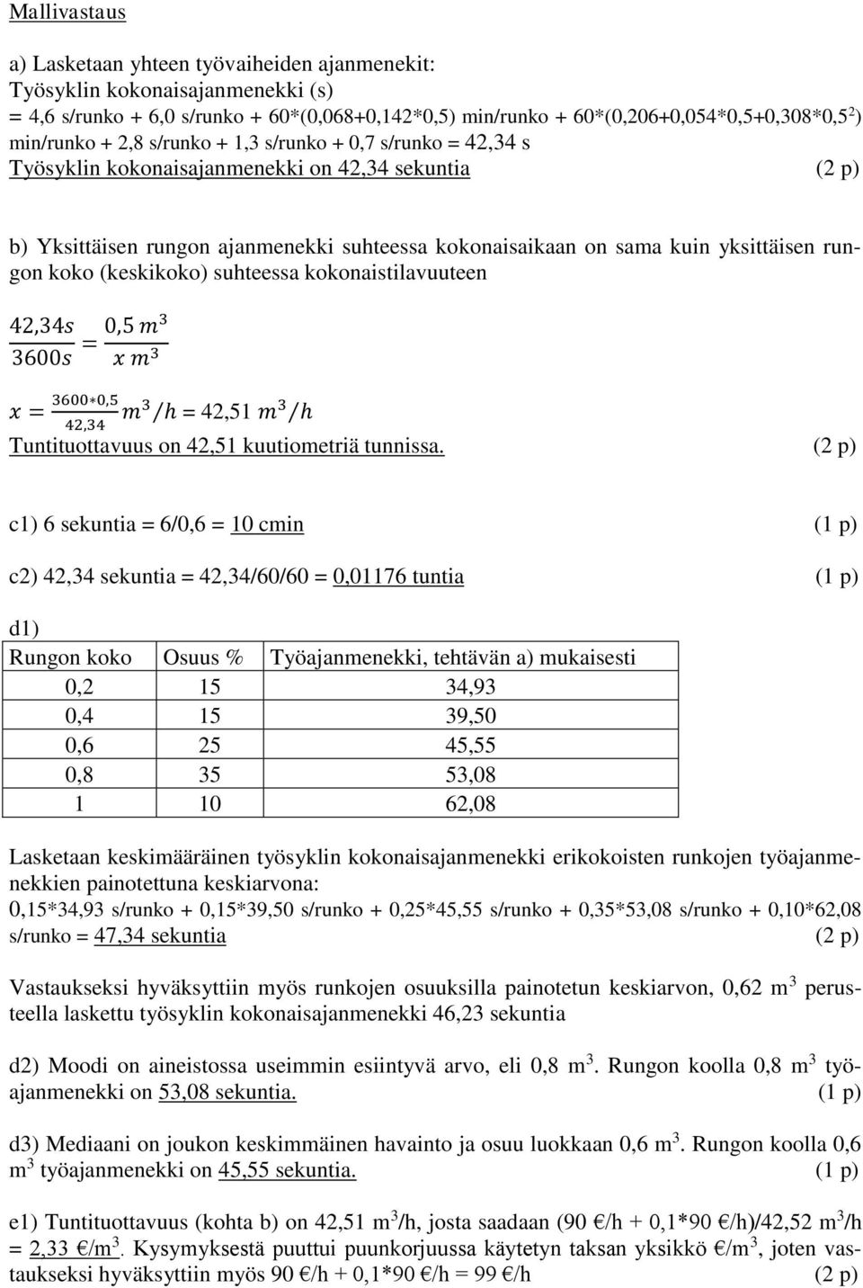 (keskikoko) suhteessa kokonaistilavuuteen 42,34s 3600s x = 3600 0,5 = 0,5 m3 x m 3 42,34 m3 h = 42,5 m 3 h Tuntituottavuus on 42,5 kuutiometriä tunnissa.